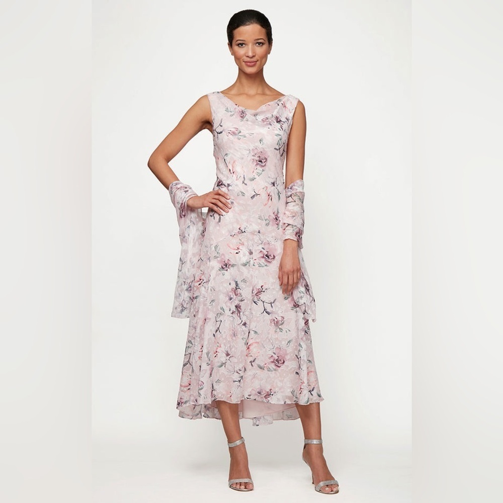 ALEX EVENING TEA-LENGTH COWL NECK (C1) DRESS WITH HIGH/LOW SKIRT AND SHAWL 10P